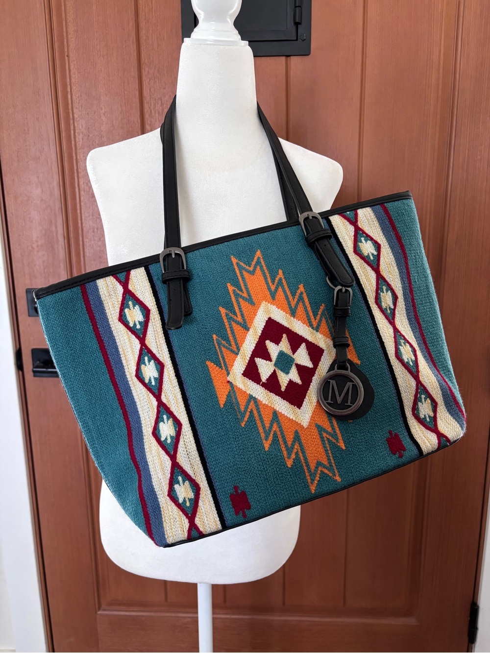 Montana West Teal Southwestern Tote with Black Straps